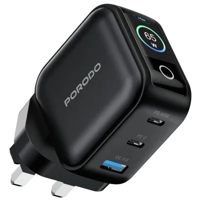 Porodo Nexora 65W 3-Port Wall Charger with LCD Display _ Black